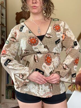 Vintage Y2K 100% Silk Tan Sheer Babydoll Blouse Travel Print Flare Sleeve XL